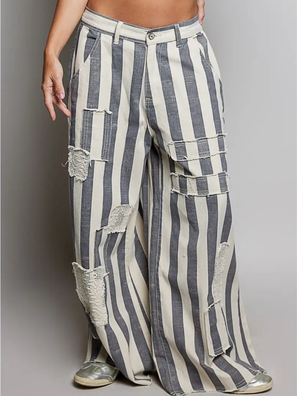 POL- Charcoal Striped Distressed Wide-Leg Pants - Cream & Gray